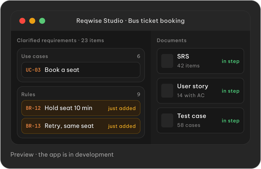 Reqwise Studio app: clarified requirements (use cases, rules) and documents in step (SRS, user stories, test cases)